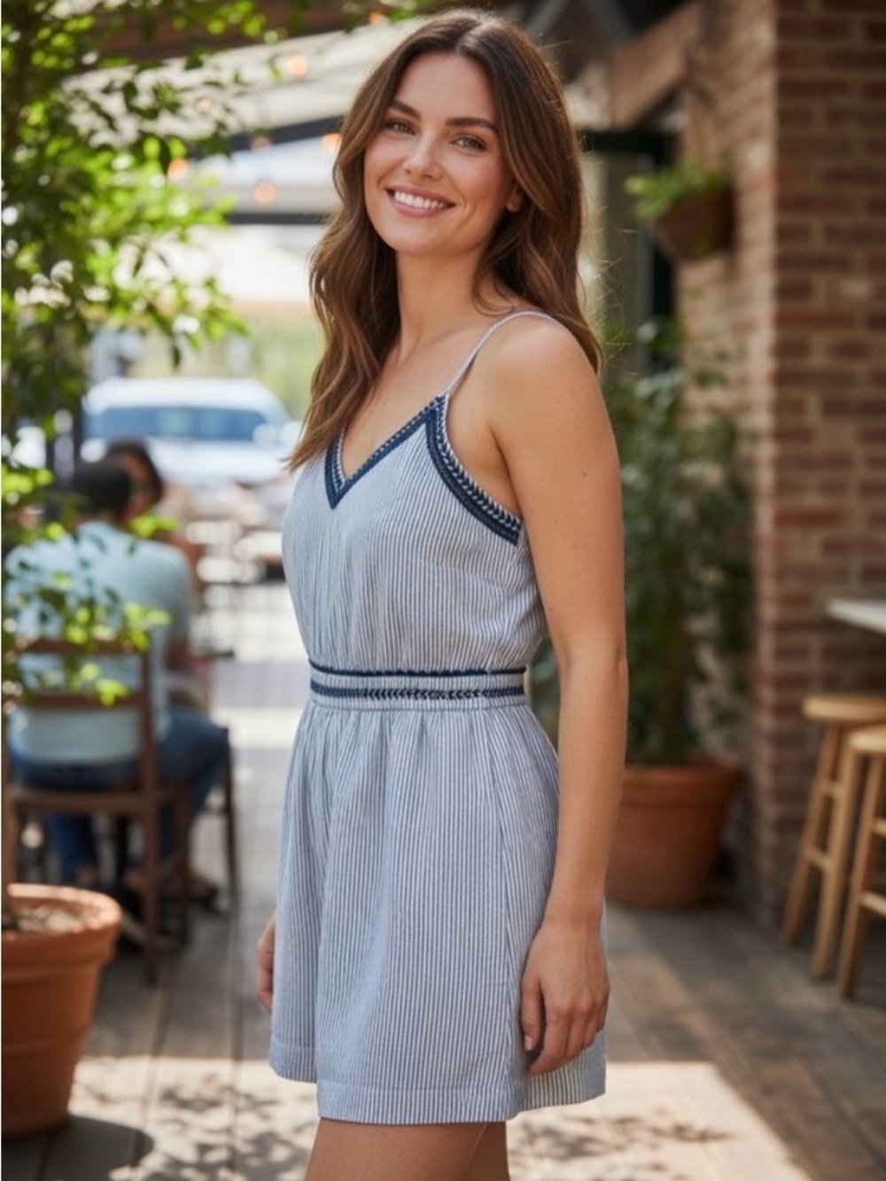 Japna Striped Blue & White Sleeveless V-neck Romper